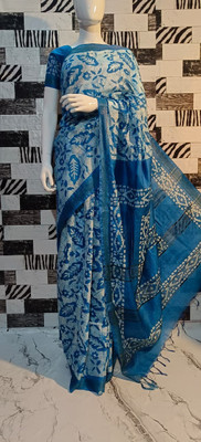 Luxury Silk Printed Hand Batik Handloom Cotton Blend Saree(Dark Blue)