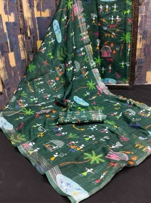 TOPPA Printed Banarasi Cotton Linen Saree(Multicolor)