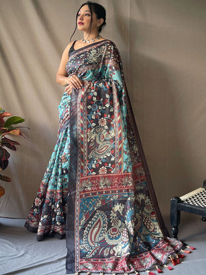 SGF11 Self Design Handloom Cotton Linen Saree(Blue)