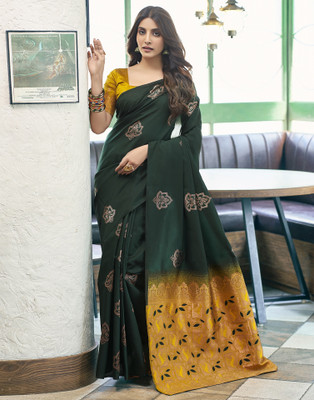 The Style Sanctuary Woven, Floral Print, Embroidered, Temple Border Banarasi Silk Blend Saree(Dark Green)