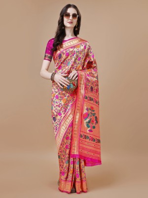 Magmina Woven, Embellished, Self Design, Geometric Print, Floral Print Banarasi Silk Blend Saree(Multicolor)
