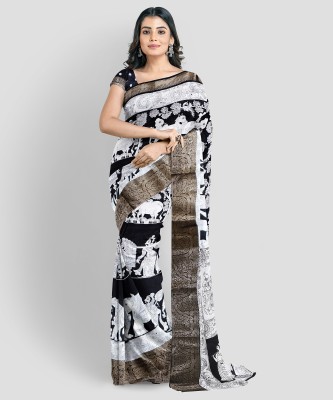 balaji world Animal Print, Printed, Striped Bollywood Pure Silk, Cotton Silk Saree(Black, White)