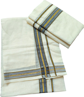 South Weavers Self Design Kasavu Cotton Blend Saree(White)