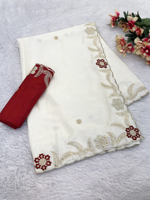 Elite Fashion Embroidered, Embellished, Solid/Plain Bollywood Silk Blend Saree(White)