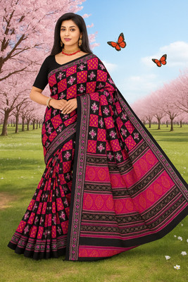 Tareninx Printed Sambalpuri Pure Cotton Saree(Pink)