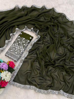 K 5 FASHION Self Design, Solid/Plain, Embroidered Bollywood Chiffon Saree(Green)