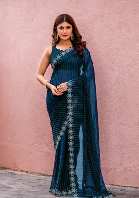 MAYRAAFASHION Embellished Bollywood Georgette Saree(Blue)