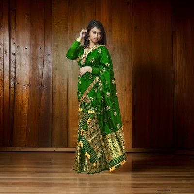 GRUJHA Self Design Mekhela Chador Silk Blend Saree(Light Green)