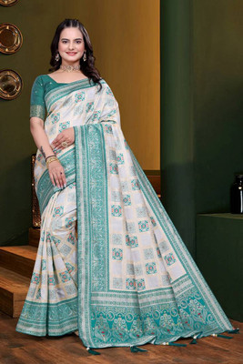 A To Z Cart Printed Banarasi Jacquard Saree(White, Dark Green)