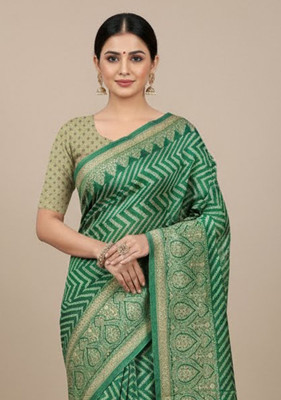 Anugrah Textile Printed Banarasi Lycra Blend, Chiffon Saree(Green)