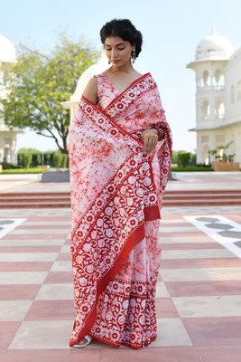 Veerji Sarees Geometric Print Ikkat Pure Cotton Saree(Red, White)