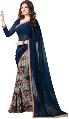 Hinayat Fashion Floral Print Bollywood Chiffon Saree(Dark Blue)