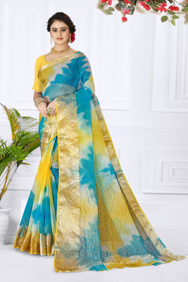 HouseOfCommon Printed Bandhani Organza Saree(Blue)