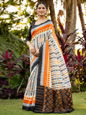 Divastri Printed Hand Batik Silk Blend Saree(White)