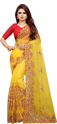 Barkiya Creation Embroidered Bollywood Net Saree(Yellow)