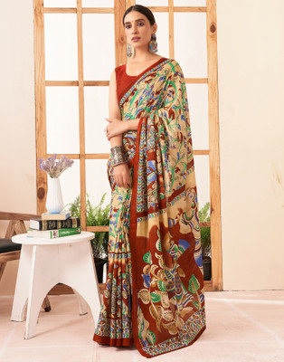all about you Printed Kalamkari Pure Cotton Saree(Cream, Brown, Multicolor)