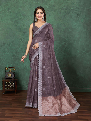 Tasrika Embroidered Bollywood Pure Cotton Saree(Brown)