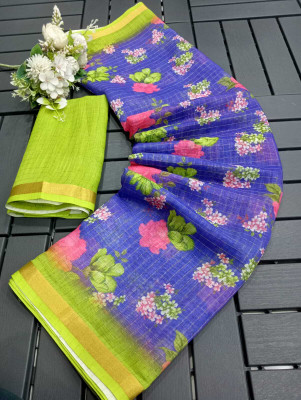 Saaransh Floral Print Kanjivaram Linen, Cotton Silk Saree(Blue)