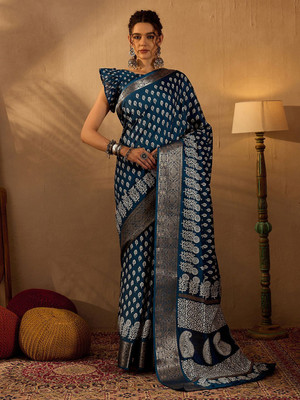 Anouk Rustic Printed Chinnalapattu Silk Blend Saree(Blue)