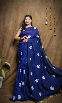 Amita Collections Printed Daily Wear Pure Cotton Saree(Dark Blue)