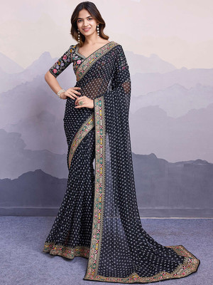 Peachmode Printed Bollywood Georgette Saree(Black)
