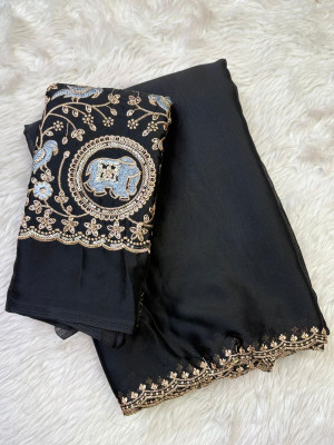 SHRIMORI Printed Bollywood Silk Blend Saree(Black)
