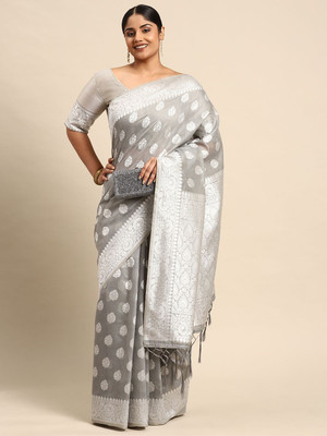 Sztori Woven, Self Design Banarasi Cotton Linen Saree(Grey)