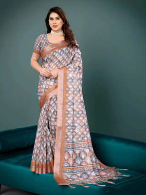 Myraani Printed Daily Wear Cotton Linen Saree(Multicolor)