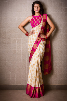 Anjaneya Sarees Woven Banarasi Silk Blend Saree(White)