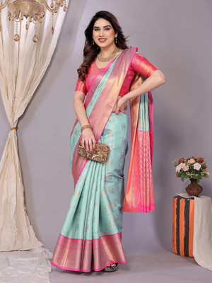 ALPENIKA Woven Kanjivaram Silk Blend, Jacquard Saree(Light Blue, Pink)
