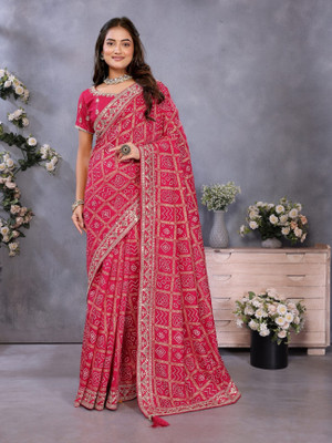 Tasrika Printed, Embroidered Bandhani Silk Blend Saree(Red)