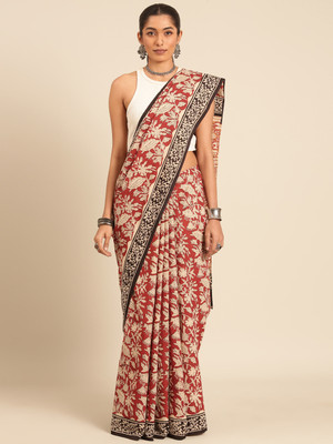 Taavi Blocked Printed Banarasi Cotton Blend Saree(Red)