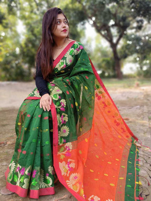 sdn Woven, Solid/Plain Tant Handloom Cotton Silk Saree(Dark Green)