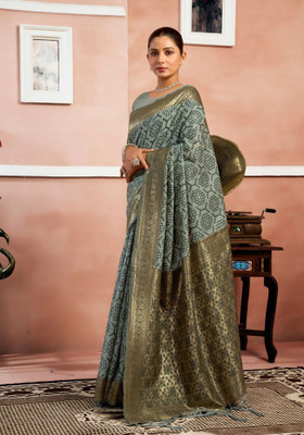 Kirpa creation Printed Banarasi Linen Saree(Grey)