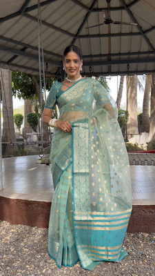 Bharatmart Printed Bollywood Organza Saree(Light Blue)