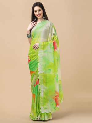 RekhaManiyar Digital Print Bollywood Chiffon Saree(Green)