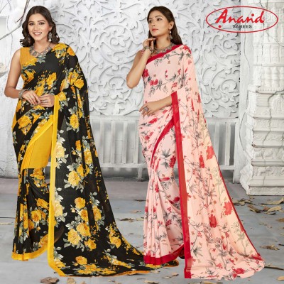 Anand Sarees Floral Print, Printed Daily Wear Georgette Saree(Pack of 2, Yellow, Multicolor)