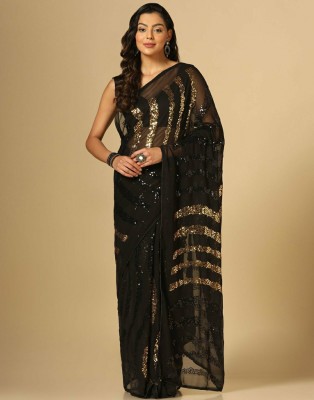 GOLDOLL FAB Woven Banarasi Georgette Saree(Black)