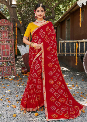 Laxmipati sarees Printed Bandhani Georgette Saree(Red)