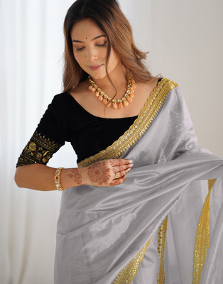 Samah Embellished, Embroidered Bollywood Jimmy choo, Net Saree(Grey)