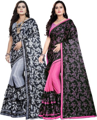 DECOFIN Embellished, Floral Print Bollywood Lycra Blend Saree(Pack of 2, Grey, Pink)