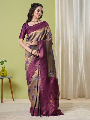 HERE&NOW Woven Banarasi Art Silk Saree(Brown)