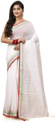 SUBHO SAREE CENTRE Solid/Plain, Woven, Striped Handloom Cotton Blend Saree(White)