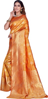 Bhavaanifashion Embellished, Floral Print, Self Design, Woven Kanjivaram Jacquard, Pure Silk Saree(Yellow)