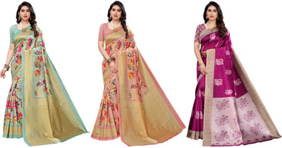 ANIRAV Woven Kalamkari Art Silk Saree(Pack of 3, Light Green, Pink, Purple)