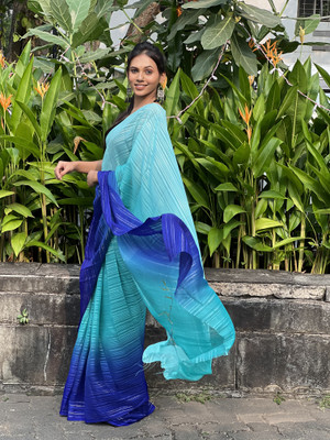 Moda Rapido Self Design, Striped, Ombre Bollywood Satin Saree(Blue, Light Blue)
