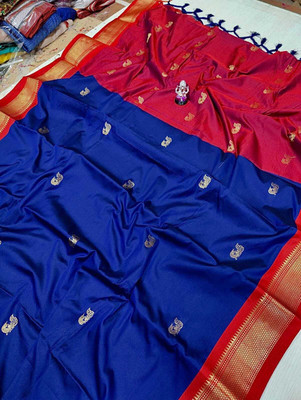 Fab Silk Embroidered Paithani Cotton Silk Saree(Dark Blue)