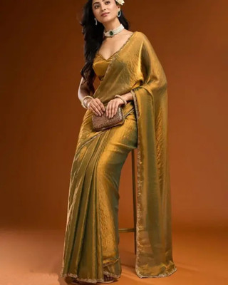 Zeekha Solid/Plain Bollywood Silk Blend Saree(Gold)
