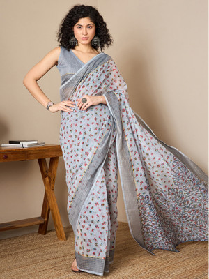 Divastri Printed Banarasi Linen Saree(Grey)