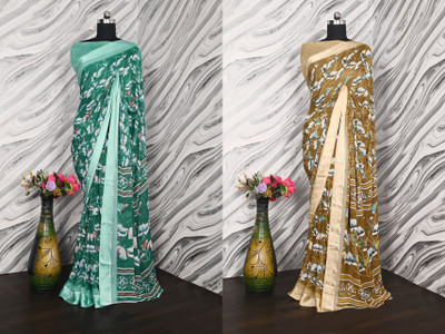 Clever Clothing Floral Print, Printed, Solid/Plain Bollywood Georgette Saree(Pack of 2, Blue, Yellow)